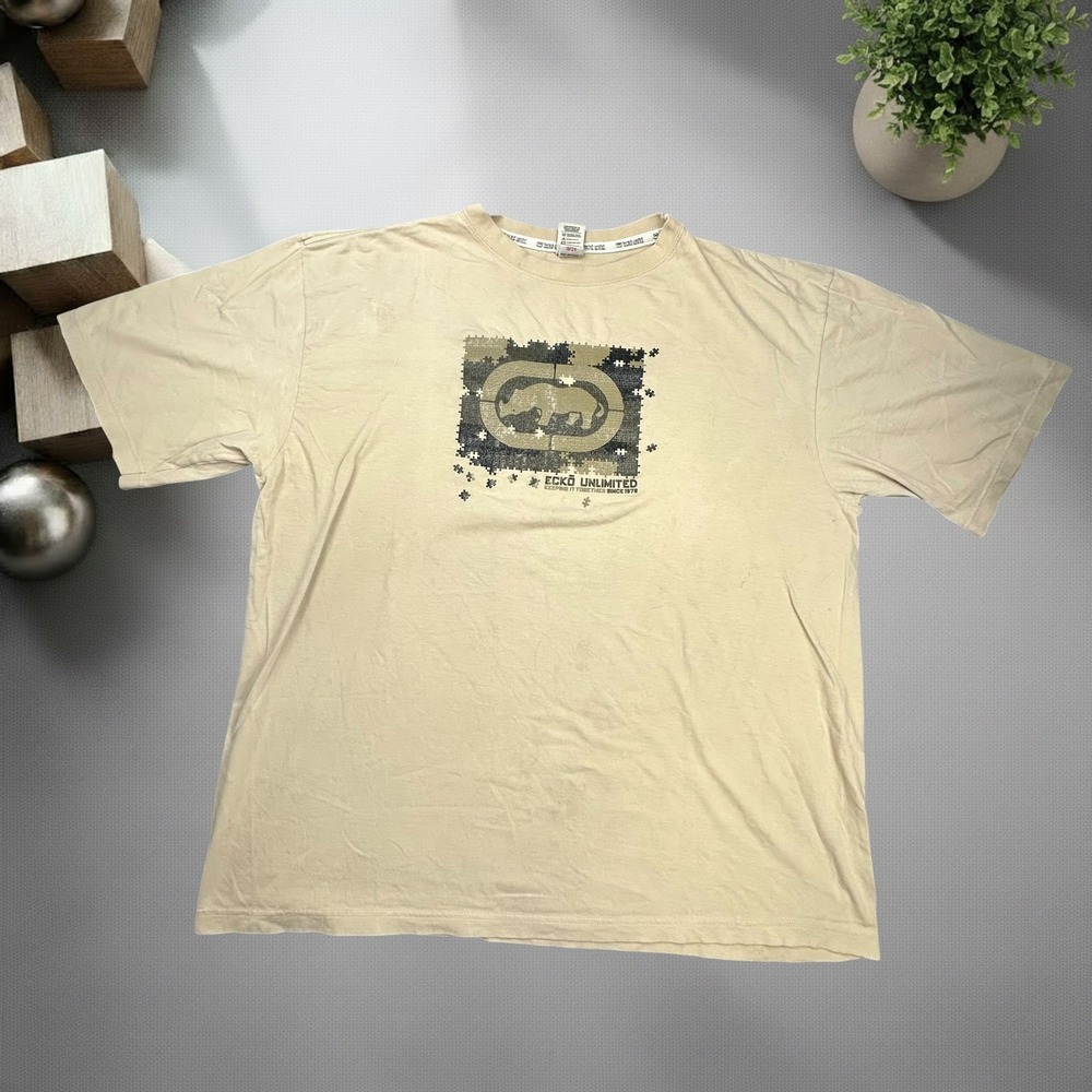Vintage Ecko Unltd Rhino Puzzle Graphic T-Shirt Tan Y2K Skater Mens 2XL